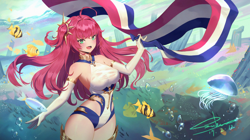 1girl absurdres ahoge azur_lane bangs bare_shoulders blush breasts bubble dated elbow_gloves eyebrows_visible_through_hair fang fish flag french_flag gloves green_eyes hair_ornament hand_up highres holding holding_flag huge_filesize large_breasts long_hair looking_at_viewer moonofmonster open_mouth redhead sideboob signature sleeveless smile solo surcouf_(azur_lane) white_gloves