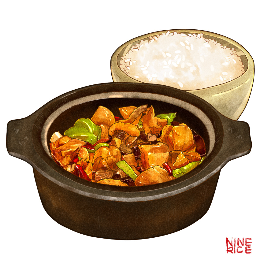 absurdres artist_name bowl chinese_food commentary_request food highres jiumudao meat no_humans original pot rice simple_background still_life vegetable white_background
