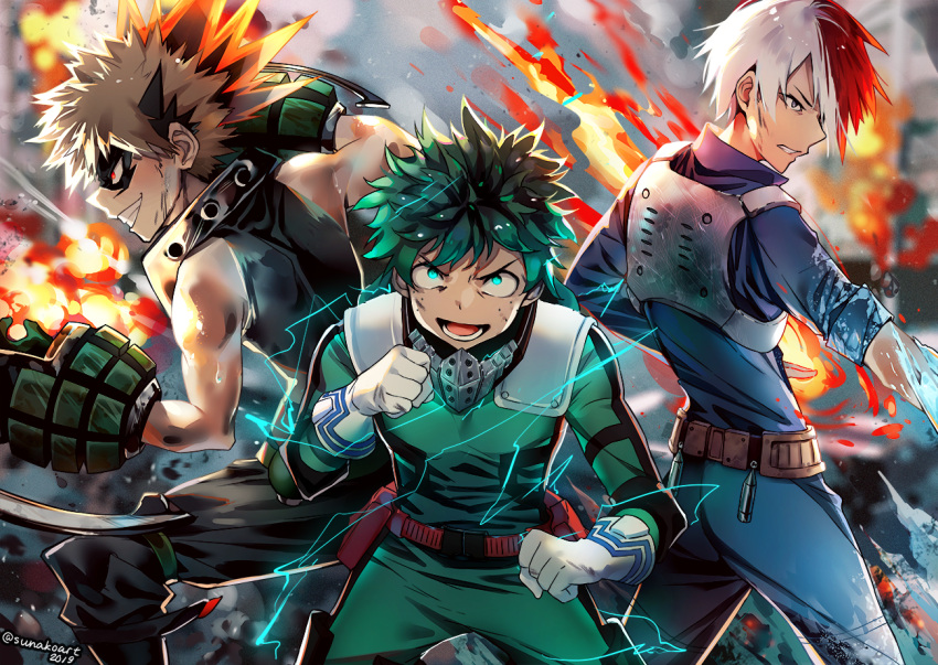 2019 3boys bakugou_katsuki bangs bare_shoulders black_pants black_shirt blue_jacket blue_pants blurry blurry_background bodysuit boku_no_hero_academia clenched_hands clenched_teeth commentary depth_of_field electricity eyebrows_visible_through_hair fire gloves glowing glowing_eyes green_bodysuit green_eyes green_hair grey_eyes grin ice jacket light_brown_hair long_sleeves looking_at_viewer male_focus midoriya_izuku multicolored_hair multiple_boys open_mouth pants profile red_eyes redhead shirt sleeveless sleeveless_shirt sleeves_folded_up smile standing sunako_(veera) teeth todoroki_shouto twitter_username two-tone_hair v-shaped_eyebrows white_gloves white_hair
