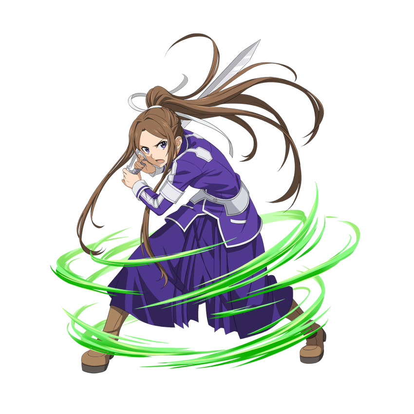 1girl blue_eyes boots brown_footwear brown_hair floating_hair full_body hair_ribbon high_ponytail highres holding holding_sword holding_weapon jacket long_hair long_skirt long_sleeves looking_at_viewer open_mouth pleated_skirt purple_jacket purple_skirt ribbon skirt solo sortiliena_serlut standing sword sword_art_online transparent_background uniform very_long_hair weapon white_ribbon