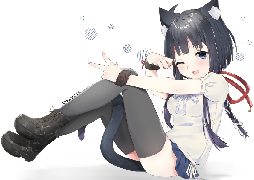 1girl ;d abe_suke absurdres animal_ear_fluff animal_ears black_footwear black_hair black_legwear blue_skirt blush boots braid breasts cat_ears cat_girl cat_tail commentary_request cross-laced_footwear fang fingernails full_body highres lace-up_boots long_hair looking_at_viewer medium_breasts one_eye_closed open_mouth original pleated_skirt puffy_short_sleeves puffy_sleeves ribbon shadow shirt short_sleeves single_braid sitting skirt smile solo tail thigh-highs twitter_username v very_long_hair violet_eyes white_background white_ribbon white_shirt