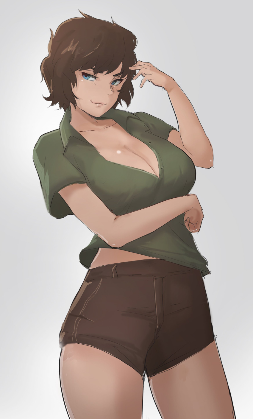 1girl absurdres adjusting_hair blue_eyes breast_hold breasts brown_hair brown_shorts cleavage commentary cowboy_shot english_commentary genderswap genderswap_(mtf) green_shirt grey_background highres large_breasts naoko_(9113419) scooby-doo shaggy_rogers shirt short_hair short_sleeves shorts simple_background sketch solo standing