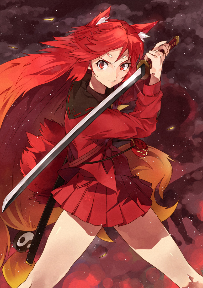 1girl animal_ear_fluff animal_ears bare_legs closed_mouth gradient_hair highres holding holding_sword holding_weapon legs_apart long_eyebrows long_sleeves looking_at_viewer multicolored_hair original red redhead serious solo standing sword third-party_source v-shaped_eyebrows weapon