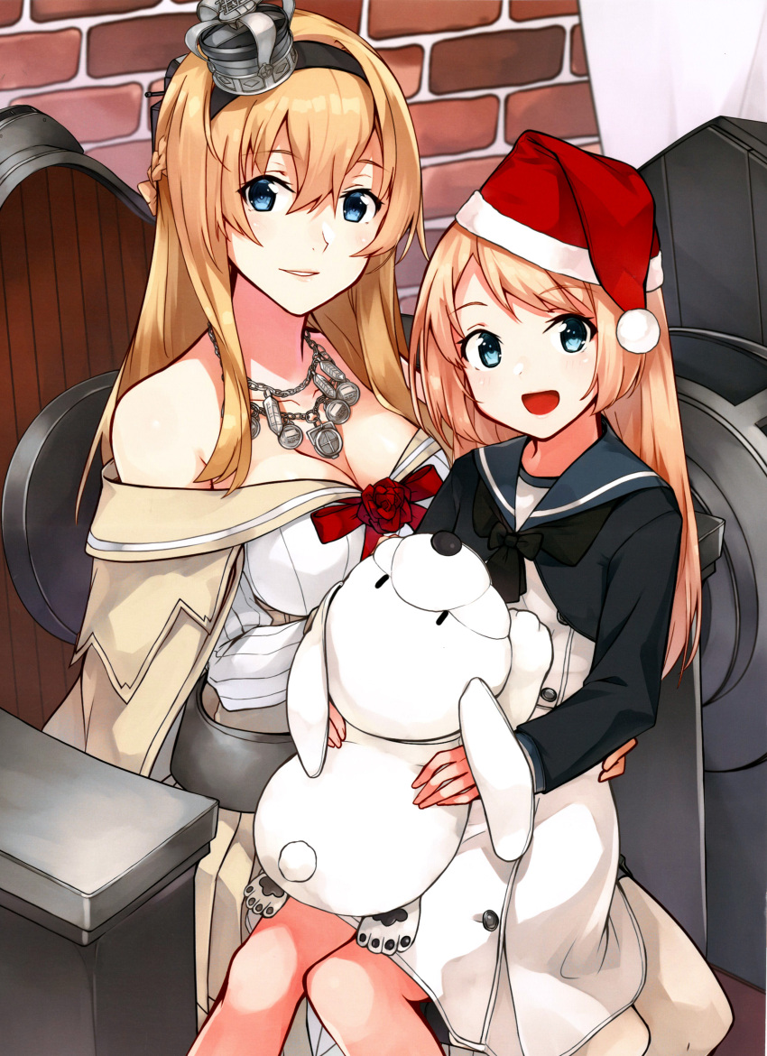 2girls absurdres blonde_hair blue_eyes blue_sailor_collar braid corset crown doll dress flower french_braid hat highres holding holding_doll jervis_(kantai_collection) jewelry kantai_collection konishi_(koconatu) long_hair long_sleeves looking_at_viewer mini_crown multiple_girls necklace off-shoulder_dress off_shoulder official_art red_flower red_ribbon red_rose ribbon rose sailor_collar sailor_dress santa_hat scan scan_artifacts sitting sitting_on_lap sitting_on_person stuffed_animal stuffed_toy thigh-highs throne warspite_(kantai_collection) white_dress white_legwear