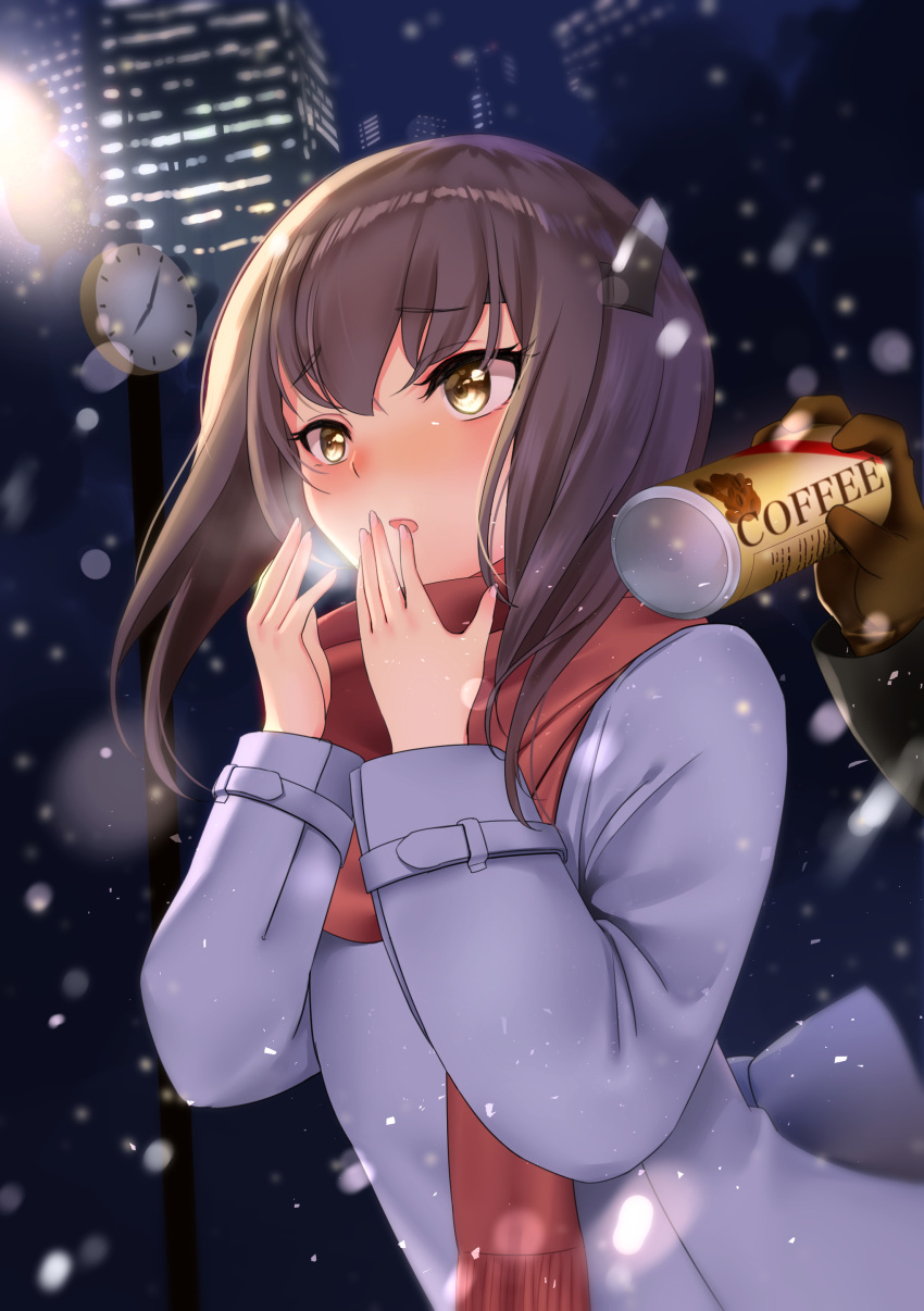 1girl :o absurdres bangs blush breath brown_eyes brown_gloves brown_hair building can coffee drink eyebrows_visible_through_hair gloves headband headgear highres jacket kantai_collection long_sleeves night open_mouth outdoors red_scarf sakurahuji-iro scarf short_hair snow surprised taihou_(kantai_collection) upper_body winter_clothes