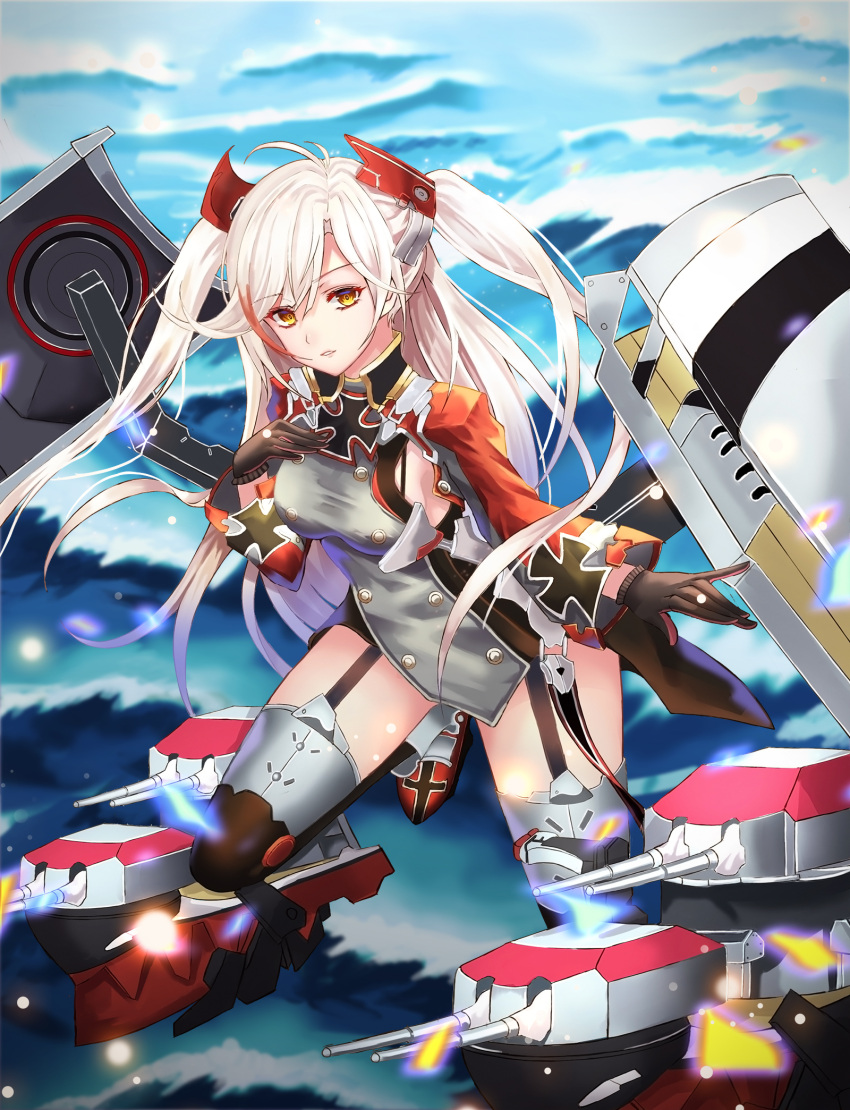 1girl antenna_hair azur_lane black_gloves black_legwear breasts buttons cross cup6542 day dress floating_hair garter_straps gloves hair_ornament hand_up highres long_hair long_sleeves looking_at_viewer machinery medium_breasts multicolored_hair ocean outdoors parted_lips prinz_eugen_(azur_lane) red_footwear redhead rigging shoes sidelocks solo taut_clothes thigh-highs turret two-tone_hair two_side_up very_long_hair water white_hair yellow_eyes