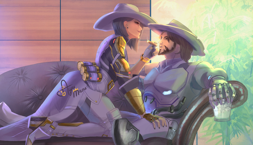 1boy 1girl alcohol ashe_(overwatch) ayumaou beard black_nails boots breastplate brown_hair chaps cigar couch cowboy_hat day drink earrings facial_hair girl_on_top glass hat hetero jewelry knee_pads looking_at_another mccree_(overwatch) mechanical_arm nail_polish overwatch recliner red_eyes short_hair shoulder_armor silver_hair skull_earrings smoking spaulders thigh-highs thigh_boots