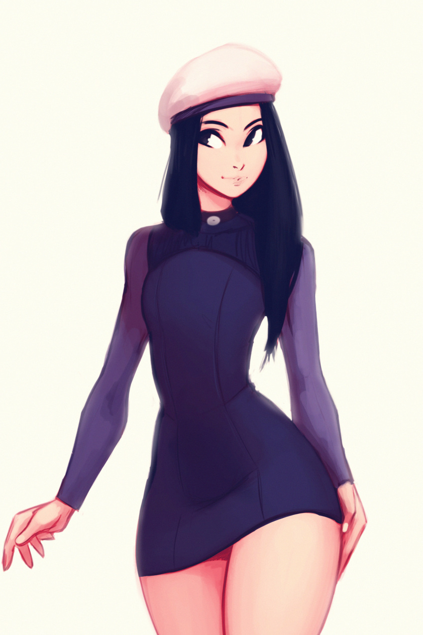 1girl absurdres black_hair carlos_eduardo closed_mouth commentary cowboy_shot dress english_commentary hat highres long_hair long_sleeves open_mouth original purple_dress simple_background smile solo straight_hair thighs white_background white_hat