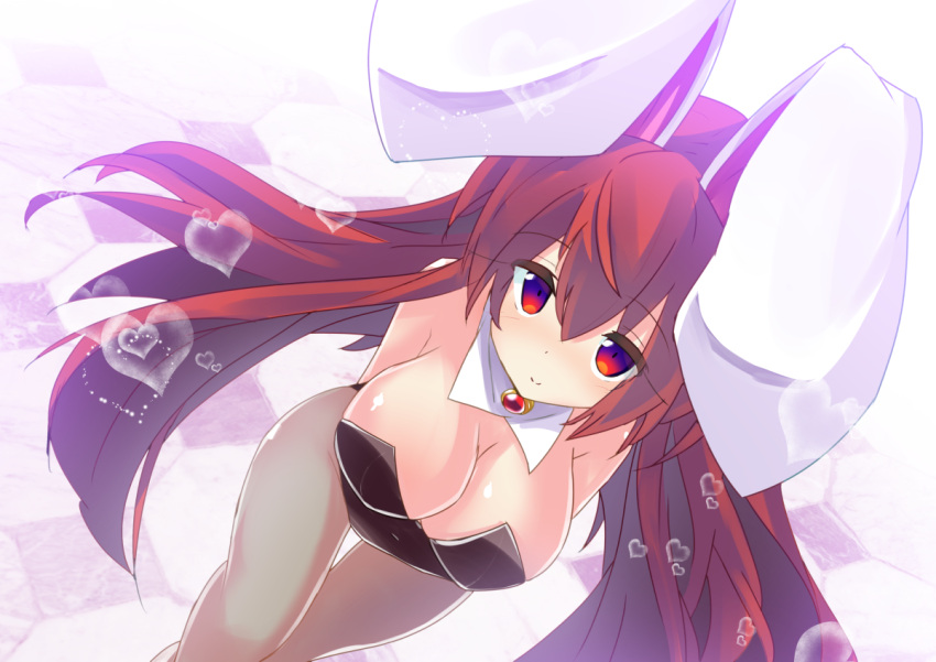 1girl animal_ears bangs bare_shoulders black_leotard blush breasts brown_legwear cleavage closed_mouth collar commentary_request covered_navel detached_collar dutch_angle eyebrows_visible_through_hair hair_between_eyes heart large_breasts leotard long_hair original pantyhose rabbit_ears red_eyes redhead ryogo sidelocks smile solo strapless strapless_leotard usami_tsuitachi very_long_hair white_collar