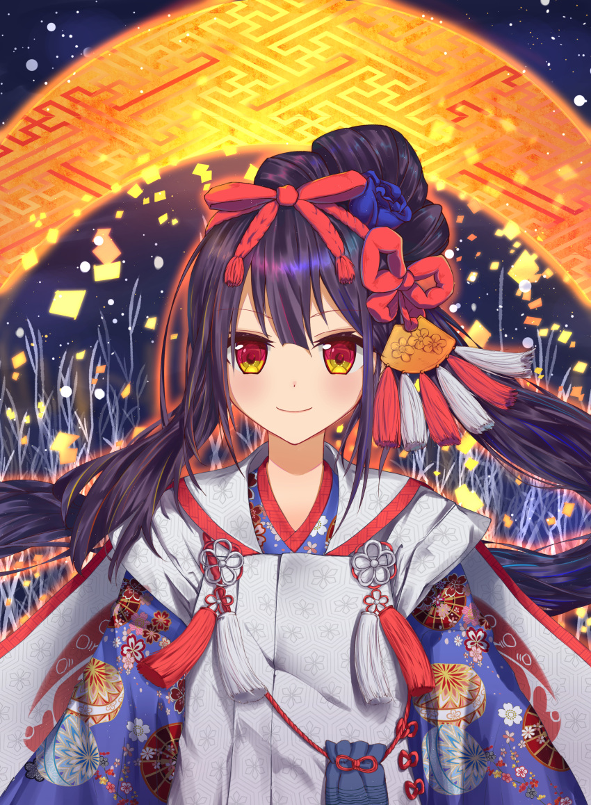 1girl absurdres bangs black_hair blue_flower blue_kimono blue_rose bow brown_eyes closed_mouth commentary eyebrows_visible_through_hair fate/grand_order fate/kaleid_liner_prisma_illya fate_(series) floral_print flower hair_between_eyes hair_bow hair_flower hair_ornament highres japanese_clothes kimono long_hair looking_at_viewer miyu_edelfelt multicolored multicolored_eyes print_kimono red_bow red_eyes revision rose smile solo upper_body very_long_hair wang_man