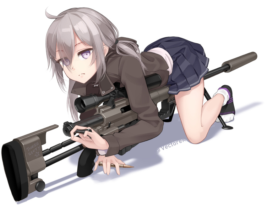 1girl ahoge bolt_action bullet cheytac_m200 eyebrows_visible_through_hair eyes_visible_through_hair girls_frontline gun highres holding looking_at_viewer m200_(girls_frontline) no_shoes rifle scope shadow silver_hair sniper_rifle socks solo suppressor twintails twitter_username vectorek violet_eyes weapon white_background