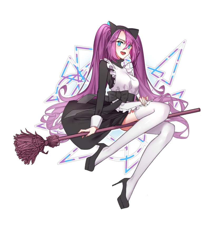 1girl :d black_bow black_footwear blue_eyes blush bow broom broom_riding full_body hair_between_eyes hair_bow high_heels highres long_hair long_sleeves looking_at_viewer maid open_mouth original purple_hair simple_background smile solo thigh-highs very_long_hair white_background white_legwear zelato