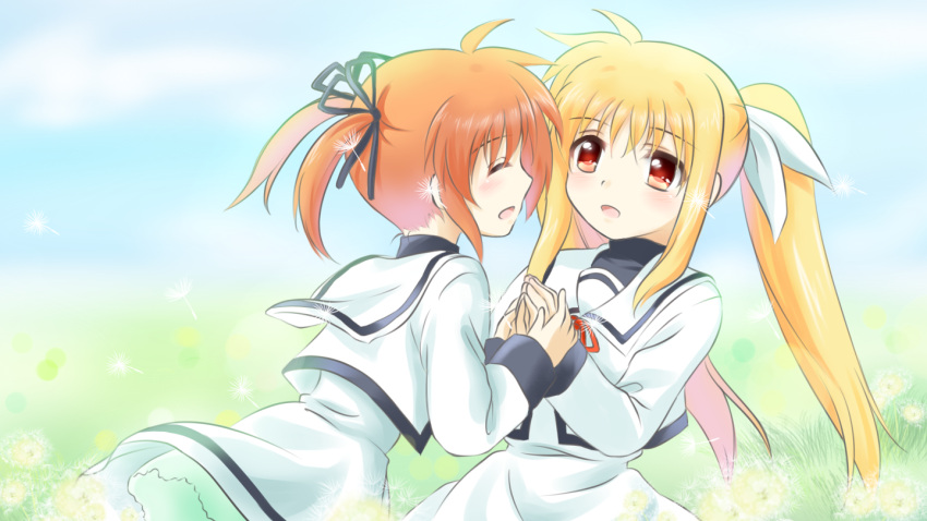 2girls black_ribbon blonde_hair blue_sky blush brown_hair closed_eyes clouds couple fate_testarossa flower grass hair_ornament hair_ribbon hand_holding happy kerorokjy looking_at_another lyrical_nanoha mahou_shoujo_lyrical_nanoha multiple_girls open_mouth red_eyes ribbon school_uniform short_twintails sky smile surprised takamachi_nanoha twintails uniform white_ribbon yuri