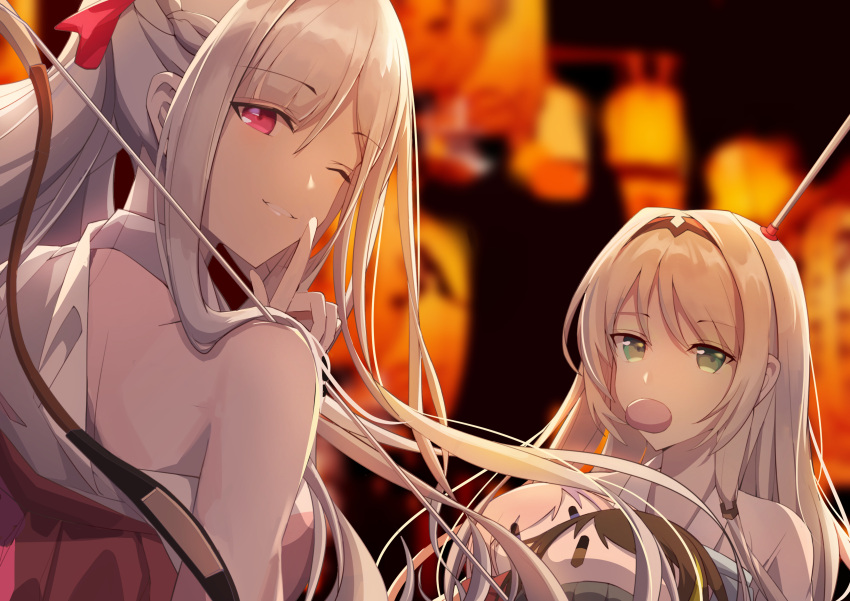 2girls absurdres ak-12_(girls_frontline) an-94_(girls_frontline) bangs bare_shoulders blonde_hair braid breasts changpan_hutao commentary_request defy_(girls_frontline) dress eating eyebrows_visible_through_hair finger_to_mouth food french_braid girls_frontline hair_ornament hairband hand_up highres holding long_hair looking_at_viewer looking_back m4a1_(girls_frontline) medium_breasts multicolored_hair multiple_girls ribbon shushing sidelocks silver_hair smile st_ar-15_(girls_frontline) streaked_hair stuffed_toy very_long_hair violet_eyes