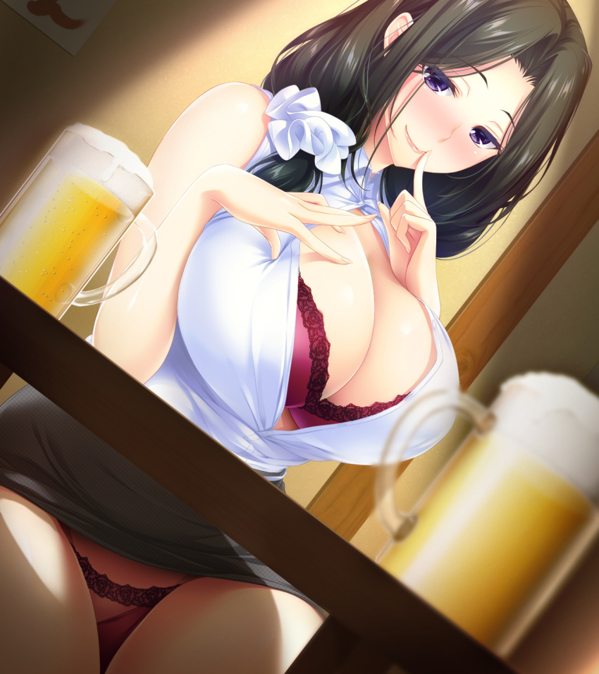 1girl alcohol bangs beer beer_mug black_hair black_skirt blush bra breasts choco_chip_(ekitai_idou) cleavage closed_mouth collared_shirt deep_skin dutch_angle eyebrows_visible_through_hair finger_to_mouth fingernails game_cg hair_ornament hair_over_shoulder hand_up highres huge_breasts index_finger_raised indoors lace lace-trimmed_bra lace-trimmed_panties large_breasts long_hair looking_at_viewer miniskirt open_clothes open_shirt original panties pantyshot pantyshot_(sitting) parted_bangs pencil_skirt purple_panties red_bra scrunchie shiny shiny_skin shirt shushing sitting skirt sleeveless sleeveless_shirt smile solo underwear violet_eyes white_scrunchie white_shirt wing_collar