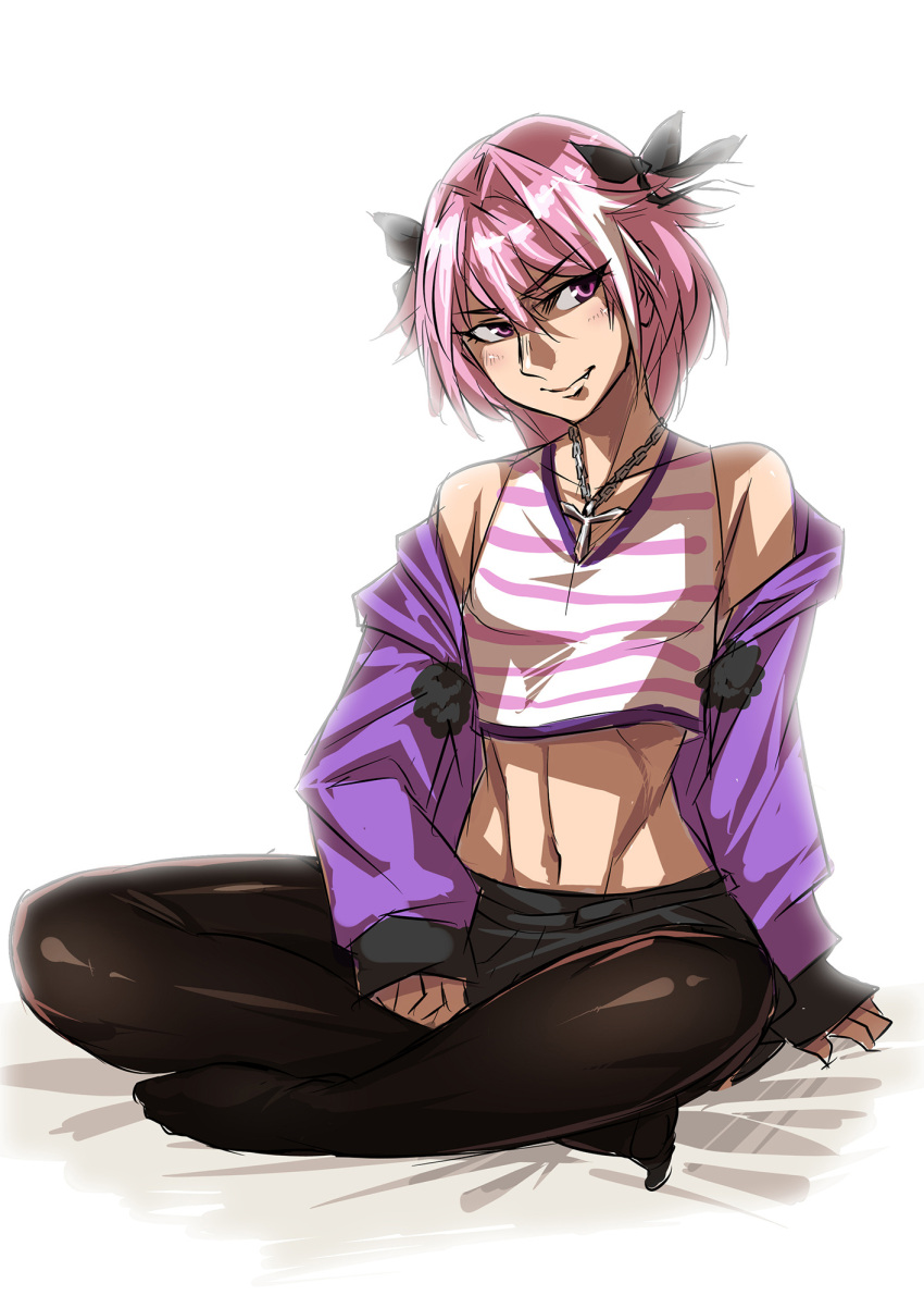 1boy astolfo_(fate) backlighting black_bow black_legwear bow braid chain_necklace crop_top fang fate/apocrypha fate/grand_order fate_(series) full_body hair_bow hair_intakes head_tilt highres indian_style jewelry long_braid long_hair male_focus midriff navel nose off-shoulder off-shoulder_sweater off_shoulder otoko_no_ko pantyhose pendant pink_hair pleated_skirt purple_sweater ryuusei_(mark_ii) single_braid sitting skirt solo striped sweater toned violet_eyes