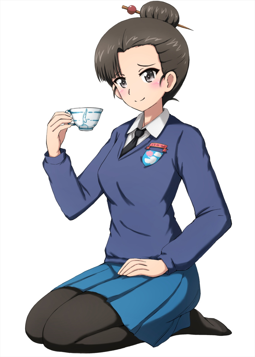 1girl alternate_hairstyle asymmetrical_bangs bangs black_eyes black_legwear black_neckwear blue_skirt blue_sweater blush brown_hair closed_mouth commentary cup dress_shirt emblem full_body girls_und_panzer hair_bun hair_ornament hair_stick hair_up hand_on_lap head_tilt highres holding holding_cup long_sleeves looking_at_viewer miniskirt necktie nishi_kinuyo no_shoes omachi_(slabco) pantyhose pleated_skirt school_uniform seiza shirt simple_background sitting skirt smile solo st._gloriana's_(emblem) st._gloriana's_school_uniform sweater teacup v-neck white_background white_shirt wing_collar