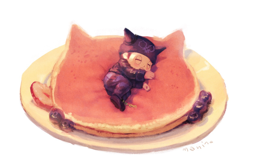 1boy artist_name blueberry blush broken broken_chain brown_hair candy chain chains closed_eyes dangan_ronpa food fruit hat horned_headwear hoshi_ryouma jacket leather leather_jacket lying male_focus manino_(mofuritaionaka) new_dangan_ronpa_v3 on_side pancake pants plate purple_hat shoes sleeping solo strawberry striped striped_pants sweets white_background