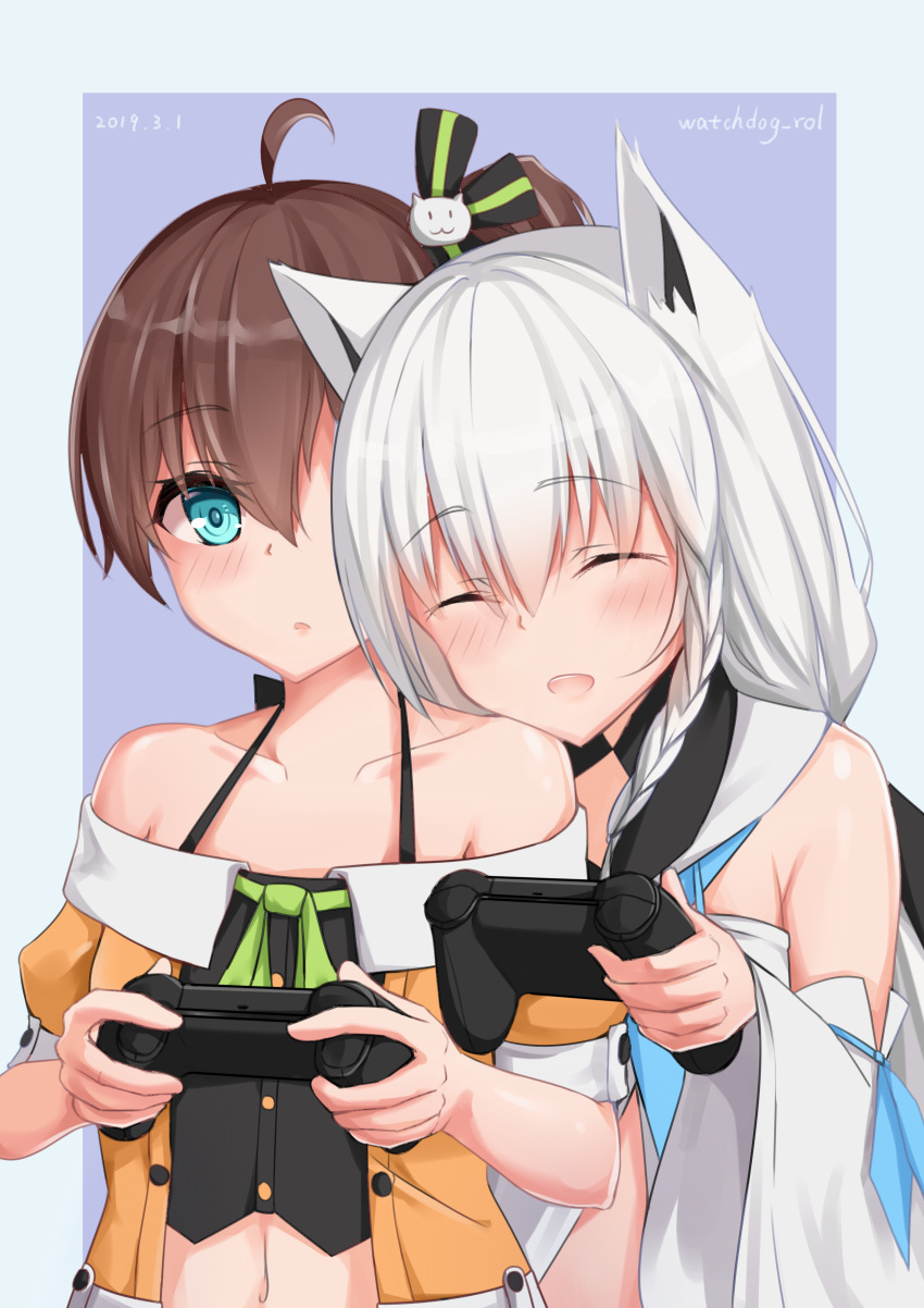 2girls :o absurdres ahoge animal_ears aqua_eyes arms_up artist_name blue_background blush braid brown_hair cat_hair_ornament closed_eyes collarbone controller dated detached_sleeves eyebrows_visible_through_hair fox_ears game_controller hair_ornament hair_ribbon halter_top halterneck head_on_another's_shoulder highres holding_controller hololive leaning_on_person long_hair looking_at_viewer midriff multiple_girls natsuiro_matsuri navel open_clothes open_mouth open_shirt orange_shirt ponytail ribbon shirakami_fubuki shirt shirt_under_shirt short_hair single_braid smile two-tone_background upper_body virtual_youtuber watchdog_rol_(y1104280730) white_hair