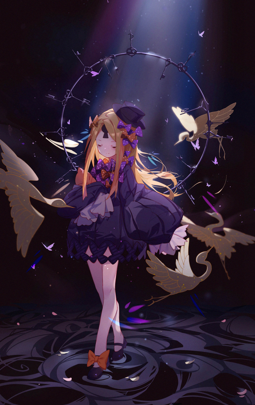 1girl abigail_williams_(fate/grand_order) absurdres ankle_bow ankle_ribbon bird black_dress black_footwear black_hat blonde_hair bow closed_eyes dress erlge fate/grand_order fate_(series) floating_hair full_body hair_bow hair_ornament hat highres holding holding_stuffed_animal long_hair mary_janes multiple_hair_bows orange_bow polka_dot polka_dot_bow purple_bow ribbon shoes short_dress sleeves_past_wrists smile solo standing stuffed_animal stuffed_toy very_long_hair