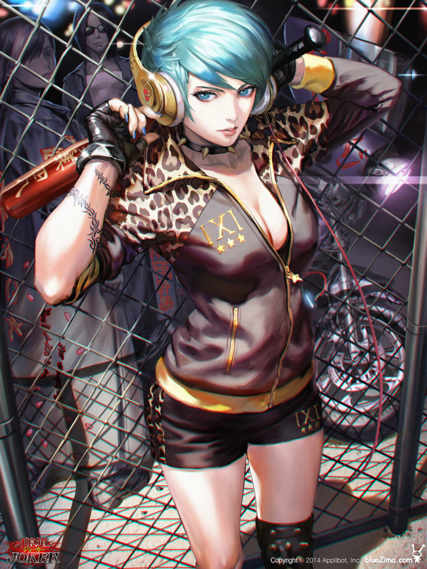 1girl 2boys animal_print aqua_hair arm_tattoo baseball_bat bike_shorts black_gloves black_hair blue_eyes blue_nails breasts chain-link_fence cleavage collar company_name copyright_name dong-wook_shin fence fingerless_gloves gang_road_joker glint gloves ground_vehicle hair_over_one_eye headphones highres jacket knee_pads leopard_print long_hair looking_at_viewer medium_breasts mikane_(gang_road_joker) motor_vehicle motorcycle multiple_boys nail_polish outdoors shadow short_hair spiked_collar spiked_kneepads spikes standing sunglasses tattoo watermark zipper