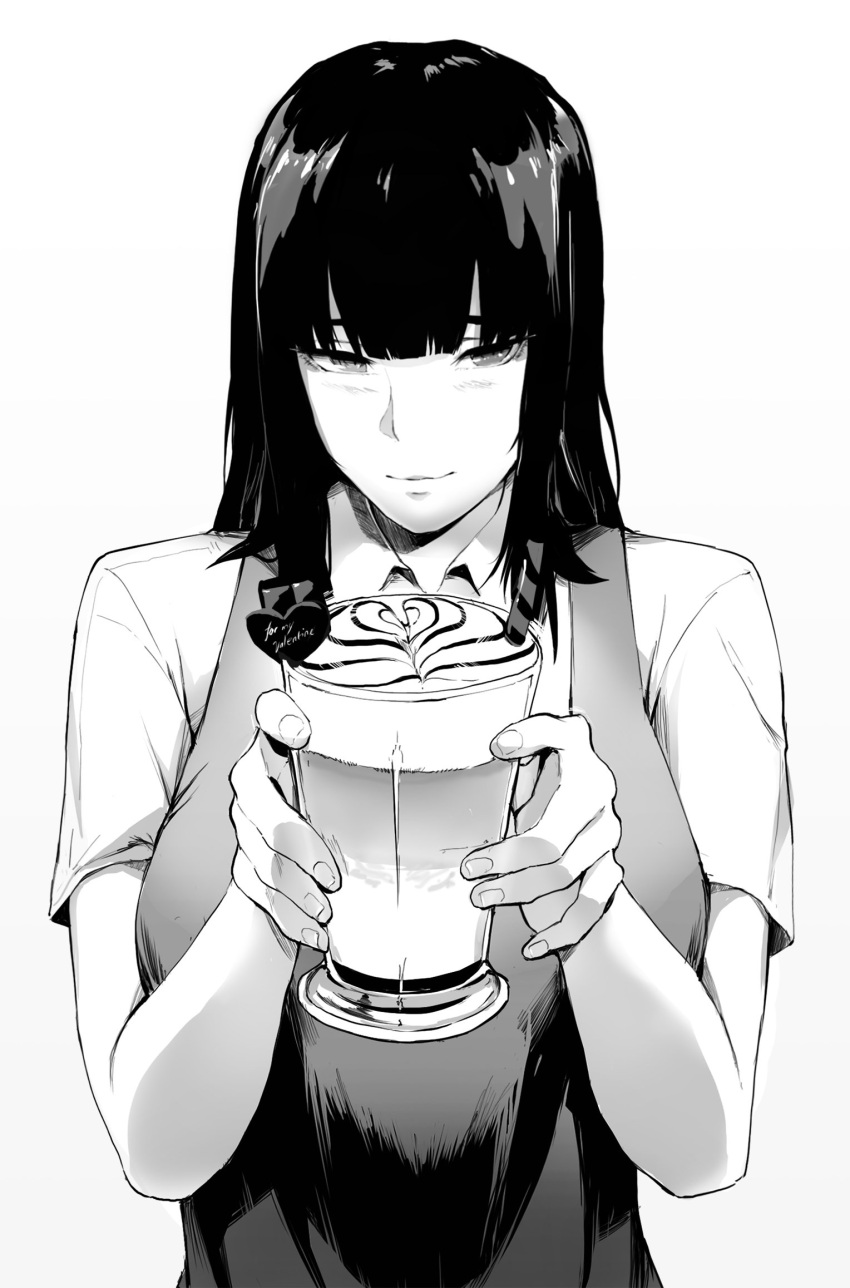 1girl bangs barista blunt_bangs cappuccino_(drink) collared_shirt commentary cup english_commentary greyscale highres holding holding_cup long_hair looking_at_viewer monochrome naoko_(9113419) original shirt short_sleeves simple_background solo upper_body valentine white_background