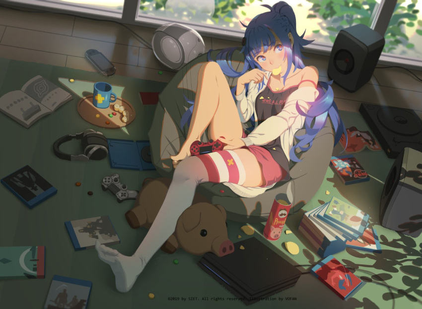 1girl ahoge ai-chan_(playstation) bangs barefoot blue_eyes blue_hair blush braid breasts cardigan clothes_writing controller cup dualshock eating eyebrows_visible_through_hair game_console game_controller gamepad hair_between_eyes hair_ornament handheld_game_console headphones holding_game_controller instruction_manual knee_up long_hair long_sleeves looking_at_viewer medium_breasts off_shoulder open_cardigan open_clothes pink_shorts playstation playstation_4 playstation_vita pringles shorts single_thighhigh singlet solo speaker strap_slip thigh-highs tray twintails vofan_tw white_cardigan