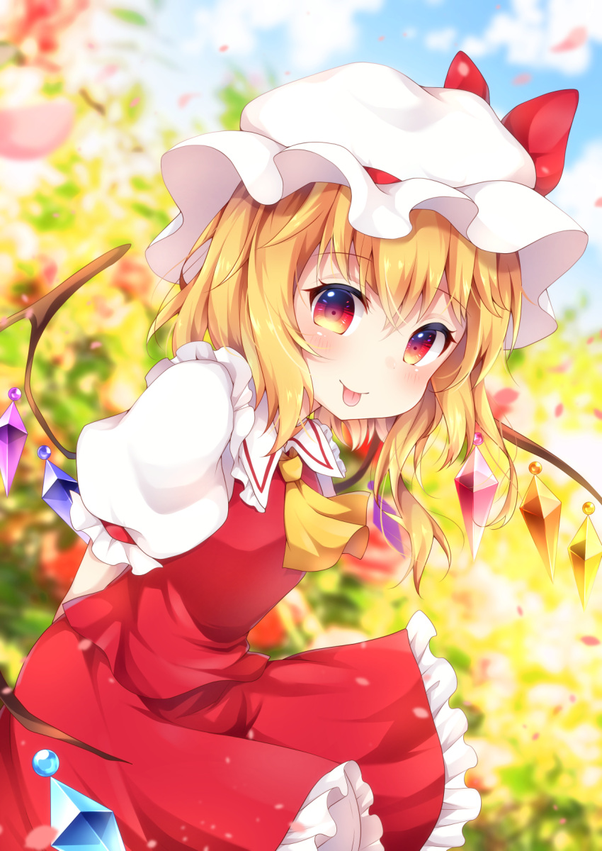 1girl :p arms_behind_back bending_forward blonde_hair blue_sky blurry blush clouds commentary_request cravat crystal day depth_of_field eyebrows_visible_through_hair flandre_scarlet garden hair_between_eyes hat hat_ribbon highres looking_at_viewer miy@ mob_cap outdoors petals puffy_short_sleeves puffy_sleeves red_eyes red_skirt red_vest ribbon shirt short_hair short_sleeves side_ponytail skirt sky solo standing tongue tongue_out touhou vest white_shirt wind wings yellow_neckwear
