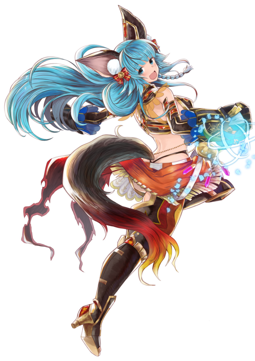 1girl animal_ears bangs black_thong blue_eyes blue_hair bow braid breasts detached_sleeves eyebrows_visible_through_hair fantasy_earth_zero full_body gauntlets hair_bow high_heels highres long_hair looking_at_viewer medallion medium_breasts open_mouth red_bow simple_background solo tail thick_eyebrows very_long_hair white_background zauberburg
