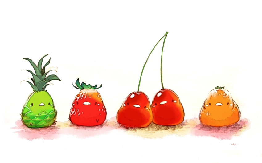 5others bird chai cherry commentary_request food fruit highres leaf looking_at_viewer multiple_others no_humans orange original pineapple simple_background sitting sitting_on_food strawberry white_background