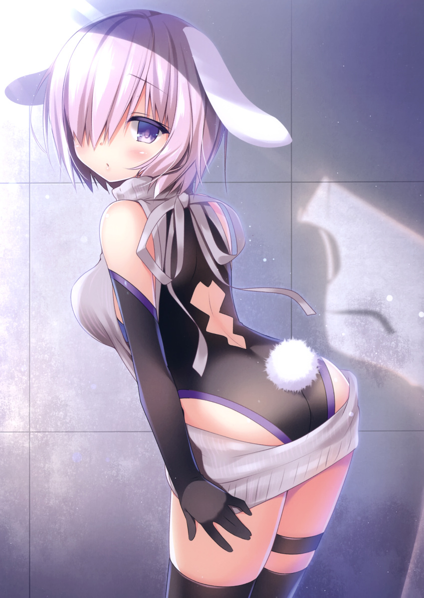 1girl absurdres animal_ears backless_outfit black_gloves black_legwear black_leotard bunny_tail cowboy_shot cutout dress elbow_gloves eyebrows_visible_through_hair fate/grand_order fate_(series) gloves grey_vest hair_over_one_eye highres indoors leaning_forward legs legs_together leotard looking_at_viewer mash_kyrielight meme_attire rabbit_ears ribbed_sweater sasai_saji shadow short_hair silver_hair solo standing sweater sweater_dress tail thigh-highs thigh_strap thighs type-moon vest violet_eyes virgin_killer_sweater