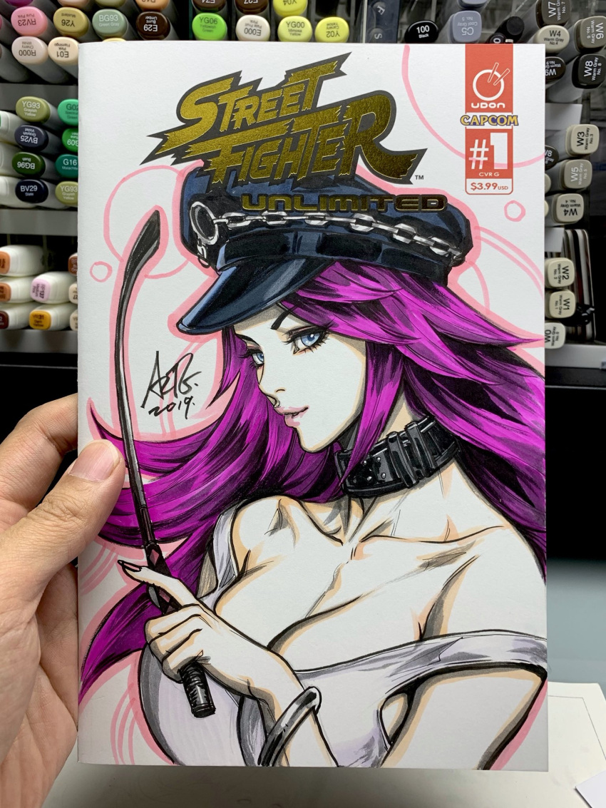 1girl bare_shoulders blue_eyes breasts collarbone commentary english_commentary hat highres holding_whip large_breasts long_hair looking_at_viewer marker_(medium) off_shoulder peaked_cap pink_hair pink_lips poison_(final_fight) stanley_lau street_fighter traditional_media