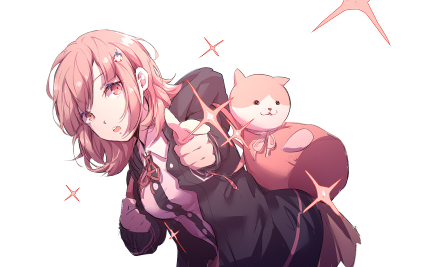 1girl :3 :o animal_ears backpack bag beige_skirt black_jacket breasts cat_bag commentary_request dangan_ronpa eyebrows_visible_through_hair flipped_hair hair_ornament hairclip highres hood hooded_jacket hoodie jacket large_breasts nanami_chiaki pink_backpack pink_bag pink_eyes pink_hair pink_neckwear pink_ribbon pointing pointing_at_viewer ribbon shirt short_hair simple_background skirt solo star super_dangan_ronpa_2 upper_body upper_teeth white_background white_shirt yumuto_(spring1786)