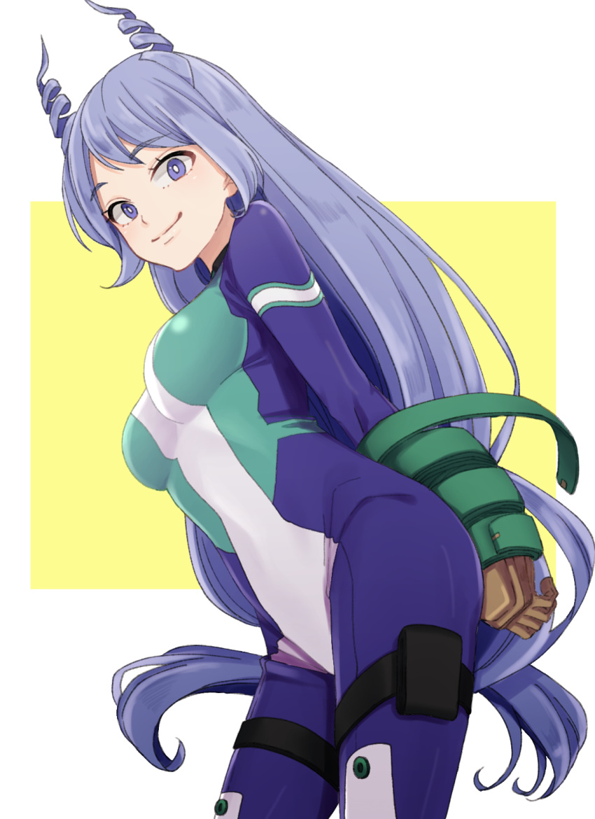 1girl arms_behind_back blue_eyes bodysuit boku_no_hero_academia breasts brown_gloves commentary_request drill_hair eyebrows_visible_through_hair from_below gloves hadou_nejire hanamame highres large_breasts light_blue_hair long_hair looking_at_viewer simple_background skin_tight smile solo very_long_hair