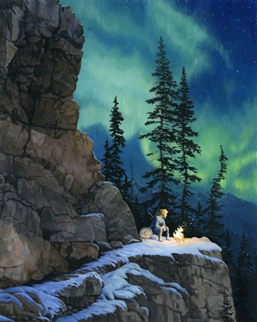 1boy aurora blonde_hair campfire erik_krenz fire highres link looking_to_the_side male_focus mountain nature night night_sky nintendo outdoors pine_tree pointy_ears rock scenery shield sitting sitting_on_rock sky snow solo star_(sky) starry_sky the_legend_of_zelda the_legend_of_zelda:_breath_of_the_wild tree wide_shot
