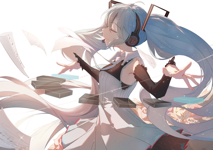 1girl bangs black_sleeves blue_hair blue_neckwear breasts closed_eyes closed_mouth commentary_request detached_sleeves dress eyebrows_visible_through_hair hair_between_eyes hair_ornament hatsune_miku headphones headset highres long_hair long_sleeves pleated_dress profile sheet_music simple_background sleeveless sleeveless_dress sleeves_past_wrists small_breasts solo taka_(0taka) twintails very_long_hair vocaloid white_background white_dress