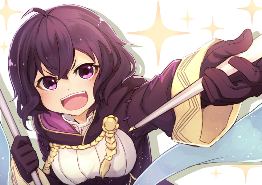 1girl black_gloves black_hair fire_emblem fire_emblem:_kakusei fire_emblem_heroes flag gloves highres holding holding_flag hood hood_down long_sleeves mark_(female)_(fire_emblem) mark_(fire_emblem) nakabayashi_zun nintendo open_mouth outstretched_arm short_hair solo upper_body violet_eyes