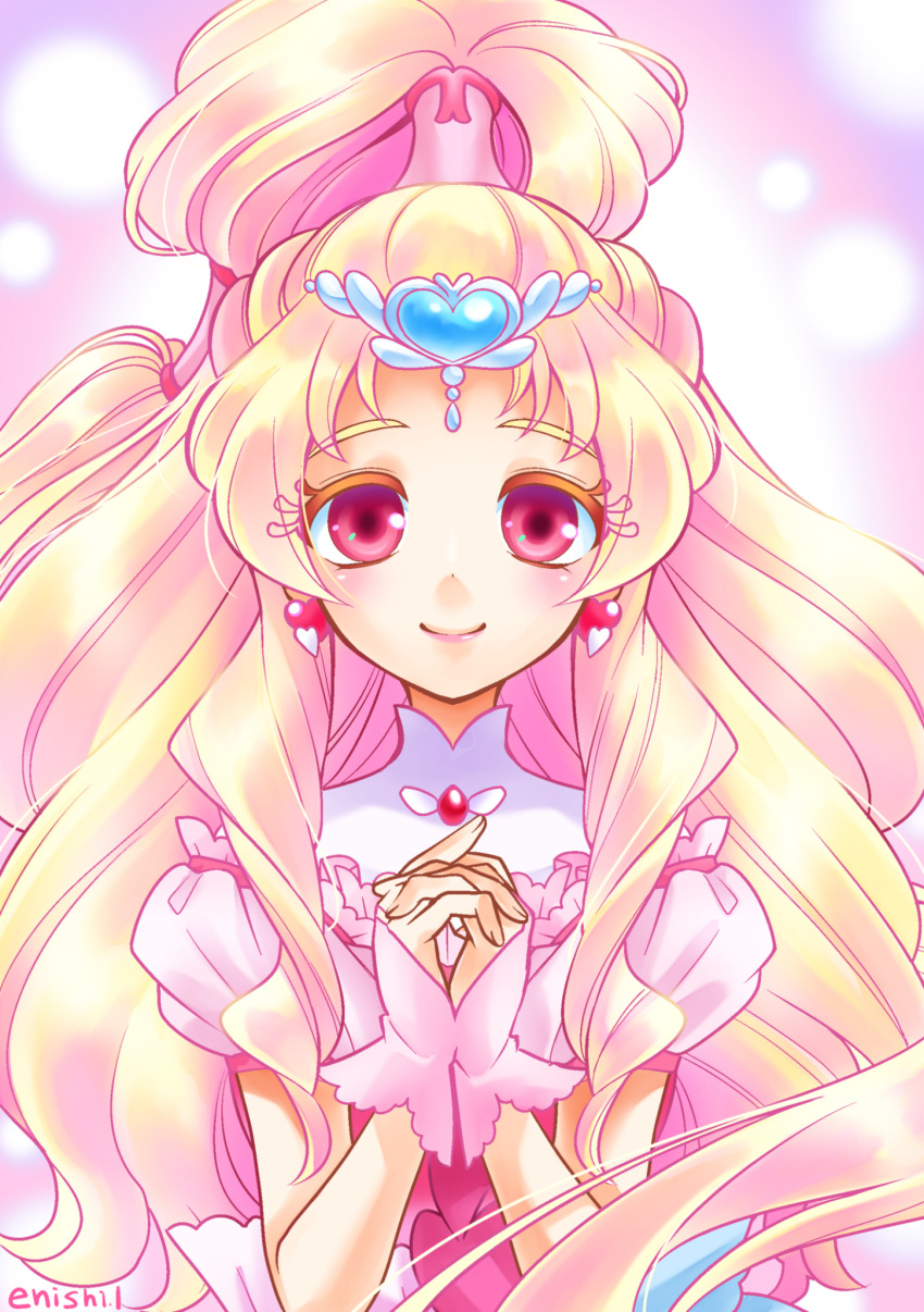 1girl artist_name blonde_hair bridal_gauntlets cure_tomorrow earrings enishi_(menkura-rin10) floating_hair hair_ornament hair_rollers hands_clasped hands_together heart heart_earrings heart_hair_ornament high_ponytail highres hug-tan_(precure) hugtto!_precure jewelry long_hair looking_at_viewer own_hands_together pink_eyes precure short_sleeves smile solo upper_body very_long_hair