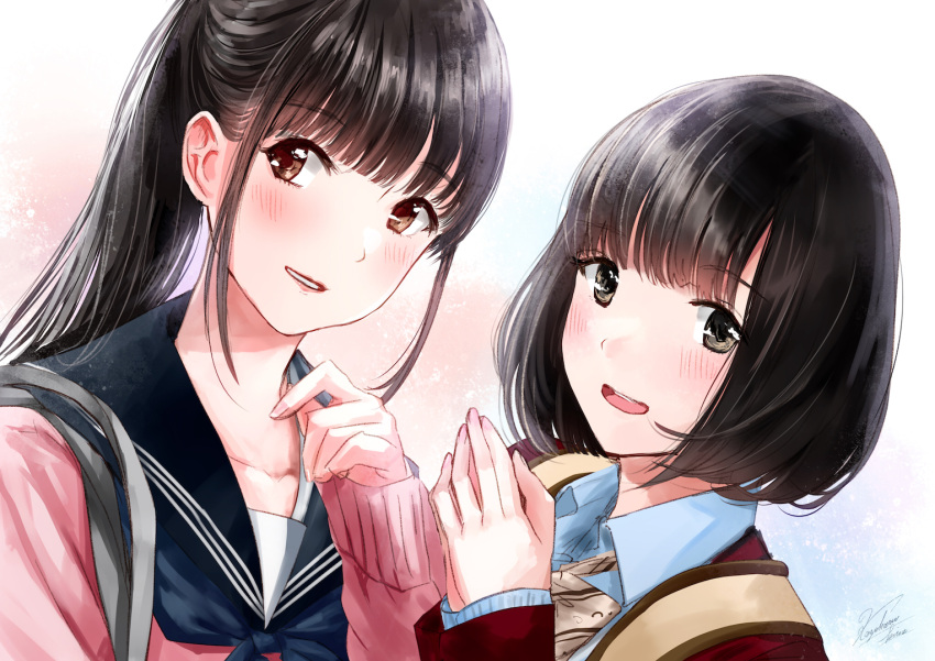 2girls :d bangs black_eyes black_sailor_collar blue_neckwear blue_shirt blunt_bangs blush bow bowtie brown_bow brown_eyes brown_neckwear collared_shirt commentary_request eyebrows_visible_through_hair kazuharu_kina long_hair long_sleeves looking_at_viewer multicolored multicolored_background multiple_girls neckerchief open_mouth own_hands_together parted_lips pink_cardigan ponytail red_jumpsuit sailor_collar school_uniform serafuku shirt short_hair signature sleeves_past_wrists smile symbol_commentary tareme wing_collar