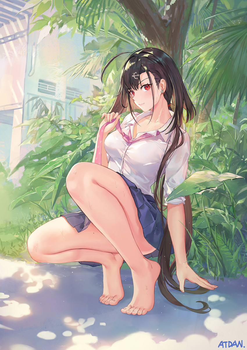 1girl ahoge anchor_hair_ornament artist_name atdan azur_lane bare_legs barefoot black_hair blue_skirt blush breasts closed_mouth collarbone collared_shirt convenient_leg day earrings feet full_body hair_ornament hand_up highres independence_(azur_lane) jewelry large_breasts light_particles long_hair looking_at_viewer miniskirt mole_on_thigh nature outdoors pink_neckwear pleated_skirt red_eyes shirt skirt sleeves_pushed_up slit_pupils smile solo squatting sweat thighs tree tree_shade very_long_hair white_shirt