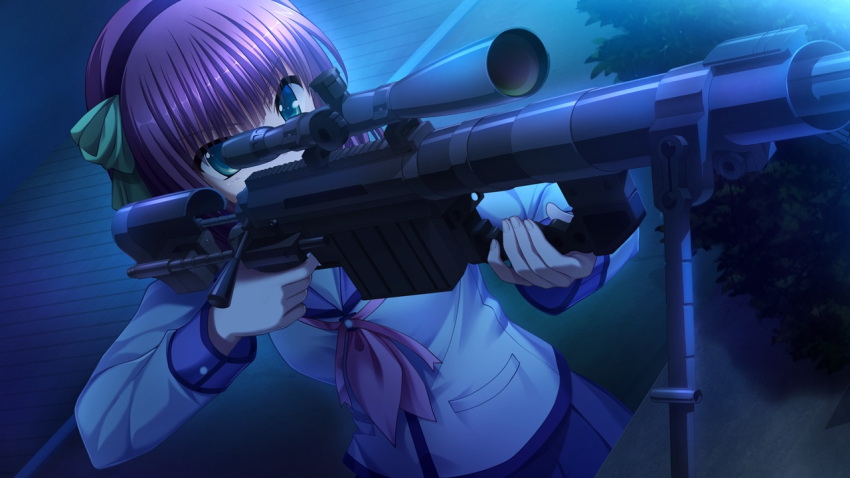 1girl angel_beats! bangs eyebrows eyebrows_visible_through_hair finger_on_trigger game_cg green_eyes gun hair_between_eyes hair_ornament holding key_(company) long_sleeves na-ga purple_hair rifle scope shirt sniper sniper_rifle sniper_scope solo standing uniform weapon yuri_(angel_beats!)