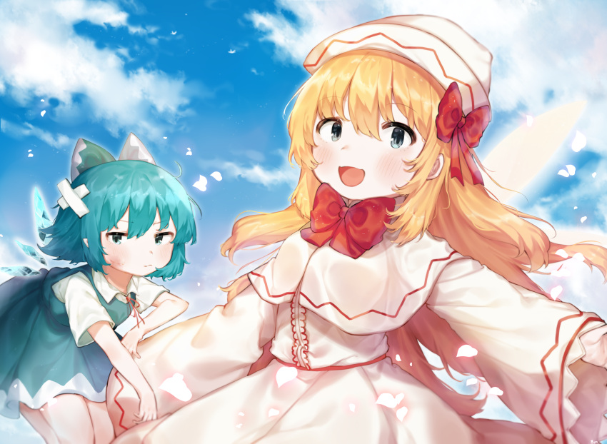 2girls :d blonde_hair blue_dress blue_eyes blue_hair blue_sky blush bow bowtie bruise bruise_on_face capelet cirno clouds crossed_bandaids day dress folded_leg frown hair_between_eyes hair_bow hat highres injury lily_white long_hair looking_at_viewer multiple_girls open_mouth outdoors outstretched_arms petals pinafore_dress red_bow red_neckwear red_ribbon ribbon shirt short_hair short_sleeves sky sleeves_past_wrists smile spread_arms touhou upper_body useq1067 very_long_hair white_capelet white_dress white_shirt wings