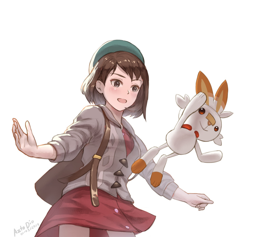 1girl artist_name azto_dio backpack bag brown_eyes brown_hair creatures_(company) dated dress female_protagonist_(pokemon_swsh) game_freak gen_8_pokemon green_hat hat highres hood hooded_sweater long_sleeves nintendo open_mouth outstretched_arms pokemon pokemon_(creature) pokemon_(game) pokemon_swsh scorbunny short_hair simple_background spread_arms sweater tam_o'_shanter white_background