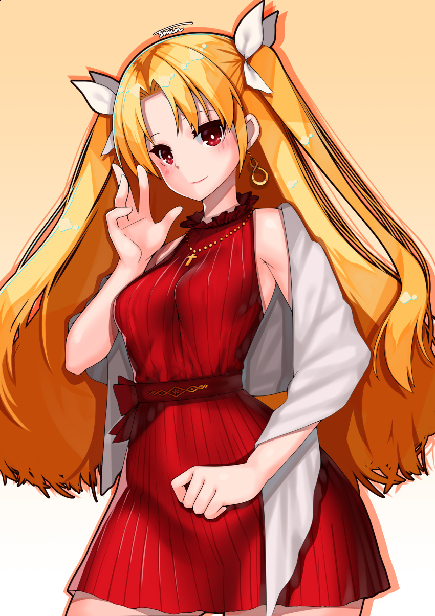 1girl absurdres bangs bitter_sweet_(fate/grand_order) blonde_hair blush breasts commentary_request cross cross_necklace dress earrings ereshkigal_(fate/grand_order) fate/grand_order fate_(series) hair_ribbon highres jewelry light_smile long_hair necklace parted_bangs pixiv_fate/grand_order_contest_1 red_dress red_eyes ribbed_dress ribbon shawl short_dress signature sleeveless sleeveless_dress small_breasts solo two_side_up waving white_ribbon z1004ero