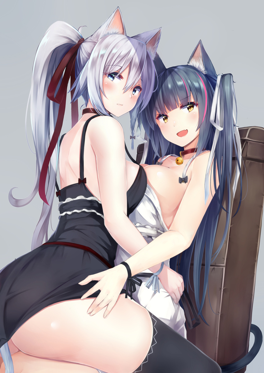 2girls :d animal_ear_fluff animal_ears bare_arms bare_shoulders bell black_dress black_hair black_ribbon breast_press breasts cat_ears cat_girl cat_tail choker cleavage closed_mouth collarbone commentary_request dress fang grey_background hair_ribbon highres irohasu jingle_bell large_breasts long_hair looking_at_viewer looking_back multicolored_hair multiple_girls open_mouth original pink_hair ponytail red_choker red_ribbon ribbon shoulder_blades sidelocks silver_hair simple_background sitting sleeveless sleeveless_dress smile spaghetti_strap strap_gap streaked_hair symmetrical_docking tail two_side_up v-shaped_eyebrows white_dress white_ribbon wrist_ribbon