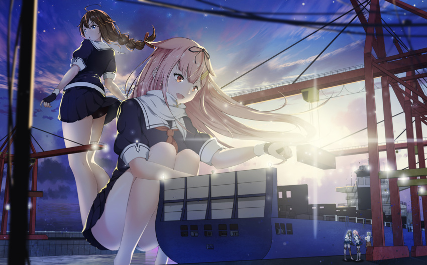 5girls akashi_(kantai_collection) black_hair black_panties black_ribbon blue_eyes braid brown_hair collar commentary_request eyebrows_visible_through_hair fingerless_gloves giantess gloves hair_ribbon highres kantai_collection light_particles long_hair miniskirt multiple_girls ooyodo_(kantai_collection) open_mouth panties pantyshot pink_hair red_eyes red_ribbon ribbon sailor_collar school_uniform senjougahala serafuku shigure_(kantai_collection) ship shipyard silver_hair skirt sky smile sparkle squatting star_(sky) sunset thighs underwear water watercraft white_collar white_panties wrist_cuffs yuubari_(kantai_collection) yuudachi_(kantai_collection)