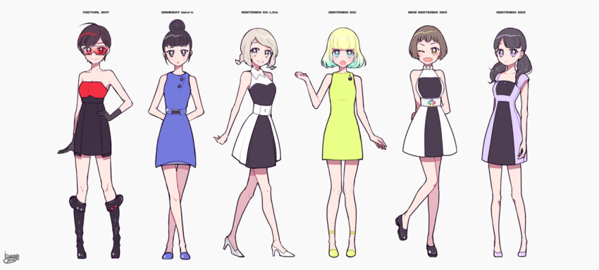 6+girls aqua_eyes aqua_hair arm_behind_back arms_behind_back bangs black_dress black_footwear black_hair blonde_hair blue_dress blue_footwear blunt_bangs boots brown_eyes brown_hair dress full_body game_boy_micro game_console gradient_hair grey_hair hand_on_hip handheld_game_console high_heels kisaragi_yuu_(fallen_sky) looking_at_viewer medium_hair multicolored multicolored_clothes multicolored_dress multicolored_hair multiple_girls new_nintendo_3ds nintendo nintendo_2ds nintendo_ds_lite nintendo_dsi one_eye_closed open_mouth original parted_lips purple_dress shoes short_hair signature simple_background sleeveless sleeveless_dress smile standing strapless strapless_dress sunglasses twintails violet_eyes virtual_boy white_background white_dress white_eyes white_footwear yellow_dress yellow_footwear