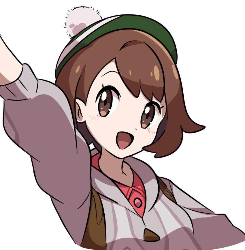 1girl :d arm_up blush bob_cut brown_eyes brown_hair buttons cable_knit cardigan collared_dress commentary_request dress gloria_(pokemon) green_headwear grey_cardigan happy hat highres hooded_cardigan open_mouth pink_dress pokemon pokemon_(game) pokemon_swsh saon101 short_hair simple_background smile solo tam_o'_shanter upper_body white_background