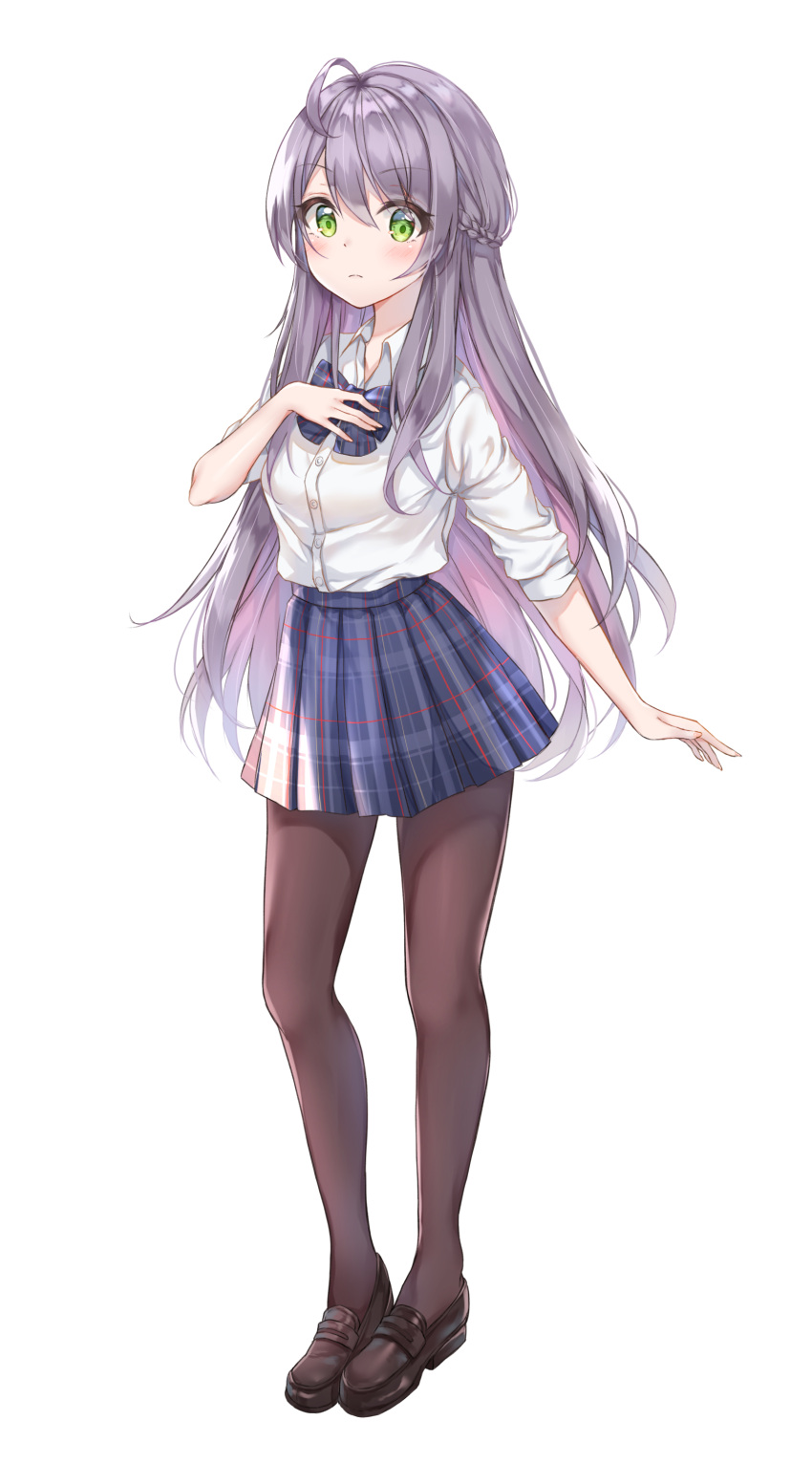 1girl absurdres ahoge black_footwear blue_neckwear blue_skirt blush bow bowtie braid brown_legwear closed_mouth collared_shirt cuna_(qunya) dress_shirt french_braid full_body green_eyes grey_hair hand_on_own_chest hand_up high-waist_skirt highres loafers long_hair long_sleeves looking_at_viewer original pantyhose plaid_neckwear school_uniform shirt shirt_tucked_in shoes simple_background skirt solo standing very_long_hair white_background white_shirt