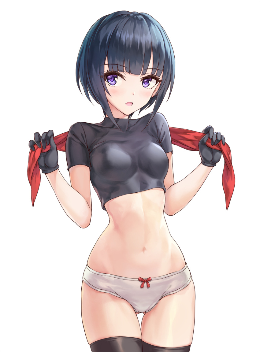 1girl bangs black_gloves black_hair black_legwear blunt_bangs blush bow bow_panties breasts commentary_request crop_top eyebrows_visible_through_hair gloves hhama highres idolmaster idolmaster_cinderella_girls idolmaster_cinderella_girls_starlight_stage navel open_mouth panties shirayuki_chiyo short_hair simple_background solo standing thigh-highs underwear violet_eyes white_background white_panties wide_hips